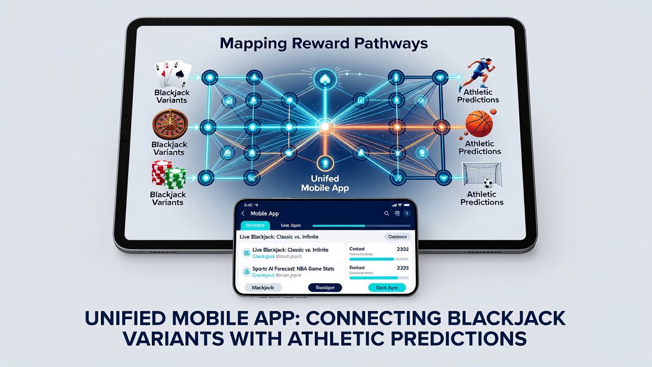 Mobile App-Oberfläche mit vernetzten Belohnungen zwischen Blackjack und Sportprognosen