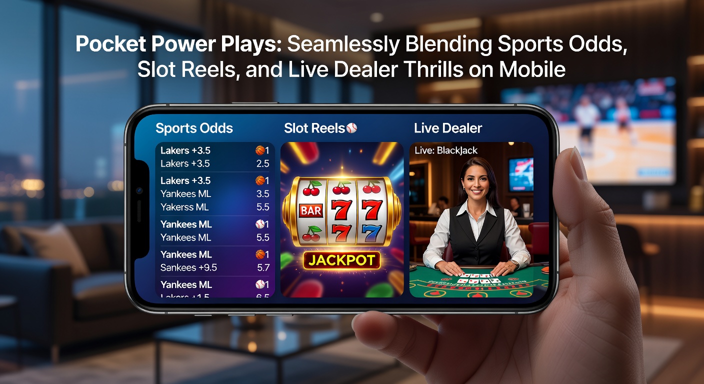 Smartphone-Bildschirm mit integrierten Sportwetten, drehenden Slot-Reels und einem Live-Dealer-Tisch in einer mobilen Casino-App