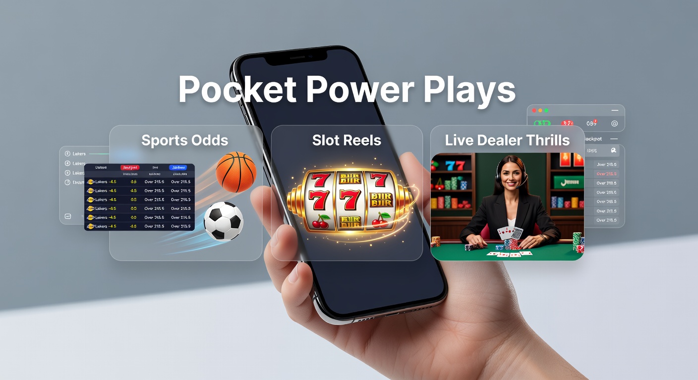 Detaillierter Screenshot einer mobilen Slot-Maschine mit animierten Reels, daneben Sportquoten und ein Live-Dealer-Stream